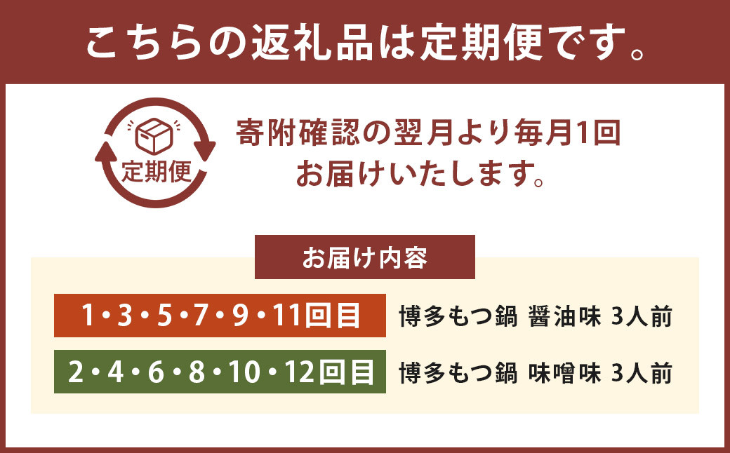 【12ヶ月定期便】人気の博多もつ鍋3人前 醤油味・味噌味を交互にお届け!