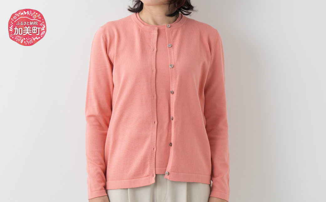 コットン ラウンドネックカーディガン 女性用《白田のカシミヤ》【全3色 S～3L】サーモンピンク ターコイズ チャコール