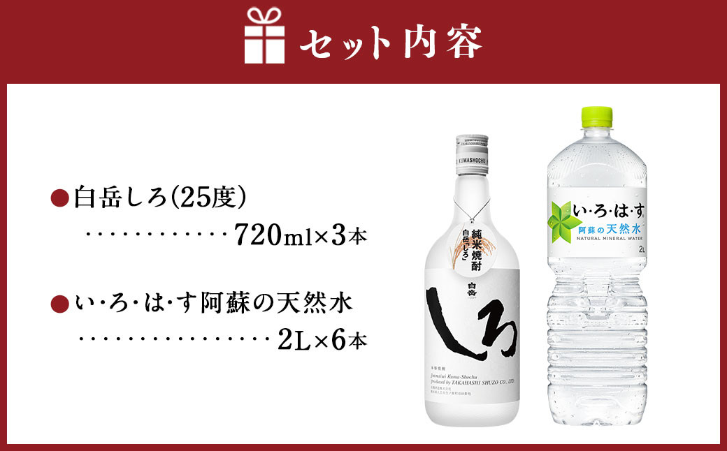 球磨焼酎と阿蘇の天然水の水割りセット！白岳しろ720ml×3本＋い・ろ・は・す阿蘇の天然水2L×6本 