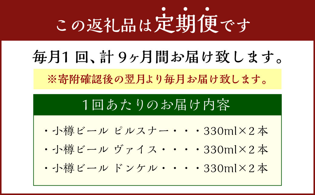 【9回定期便】 小樽ビール 6本セット(ピルスナー・ヴァイス・ドンケル 各2本)×9回 計54本