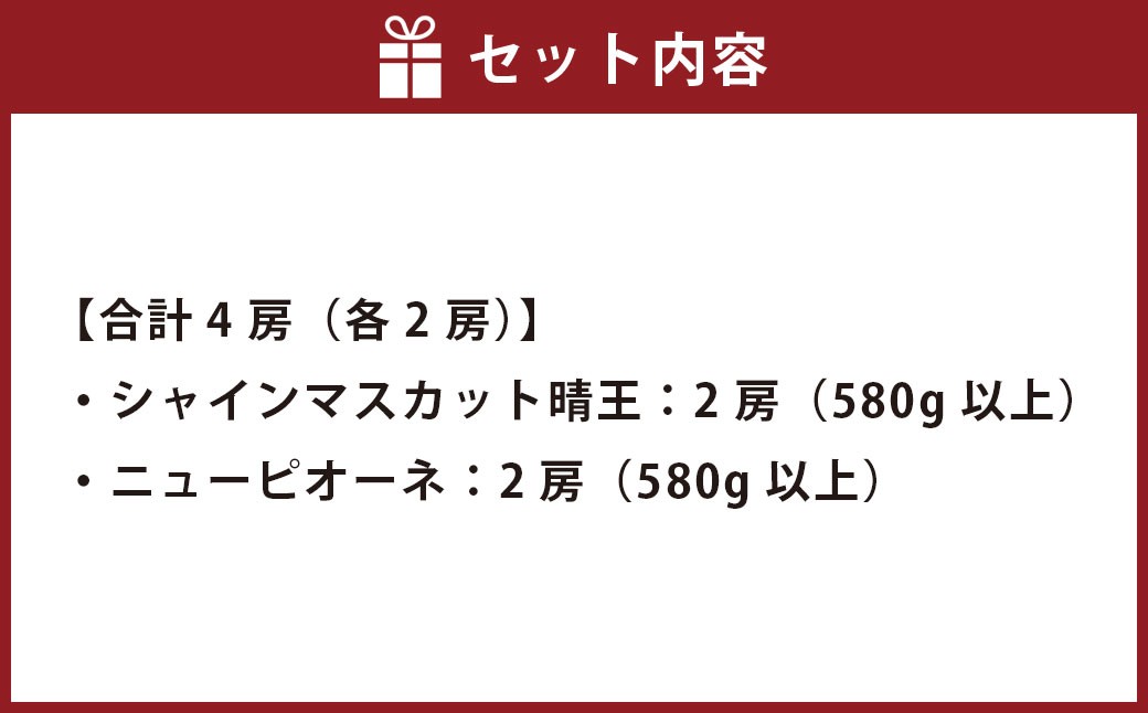 つる付きニューピオーネ2房（1房580ｇ以上）つる付きシャインマスカット（晴王）2房（1房580ｇ以上）