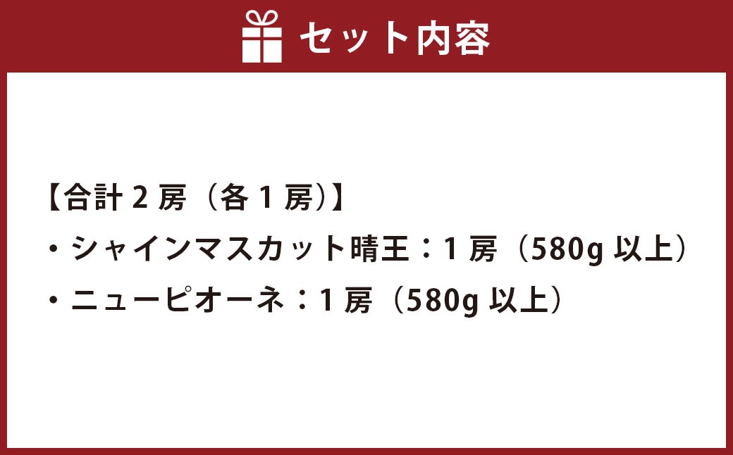 つる付きニューピオーネ1房（1房580ｇ以上）つる付きシャインマスカット（晴王）1房（1房580ｇ以上）