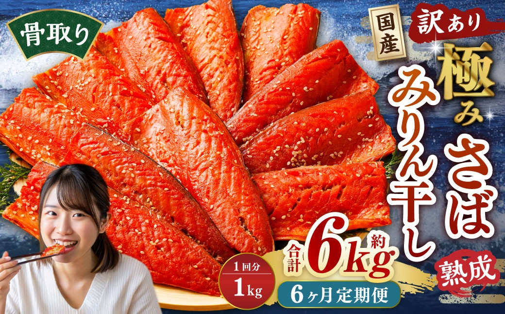 【6ヶ月定期便】【訳あり】国産 骨取り 熟成極みさばみりん干し 計約1kg