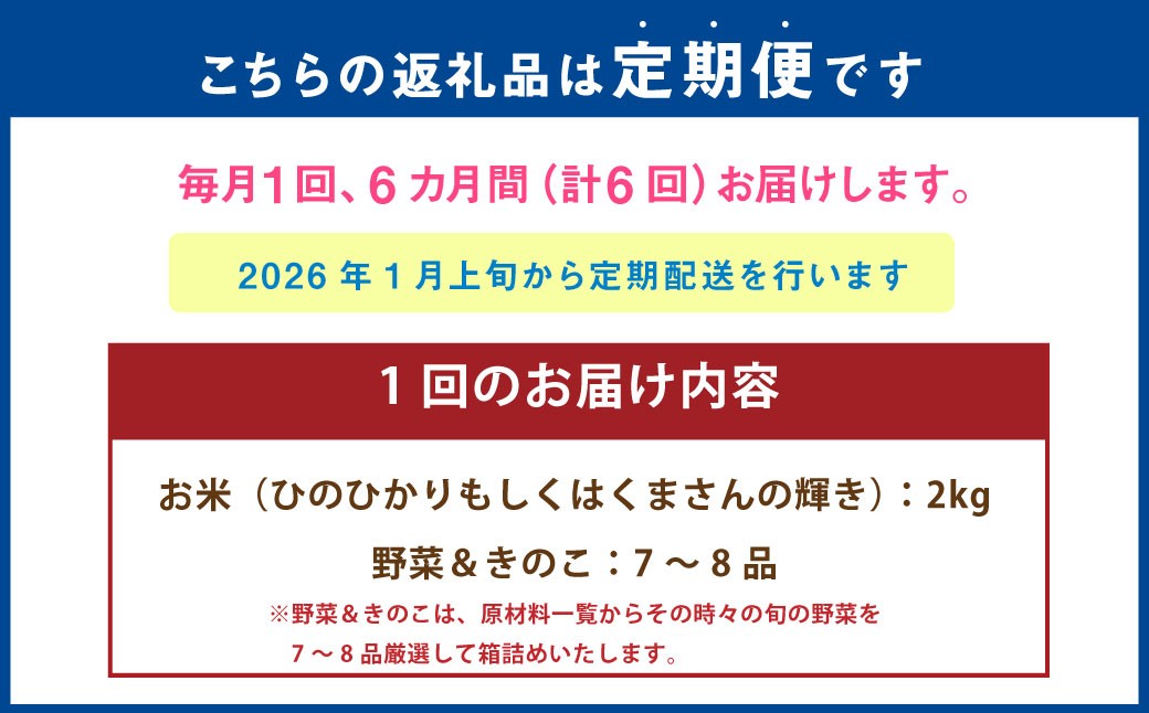 【6ヶ月連続定期便】 【令和7年度産】 熊本県（七城）産のお米と熊本県産の野菜ときのこ お米（2kg）・野菜＆きのこ（7～8品）