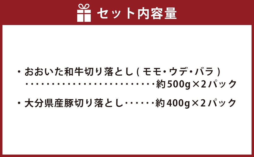 おおいた和牛切り落とし 約1kgと大分県産「米の恵み」豚切り落とし 約800g 計約1.8kg