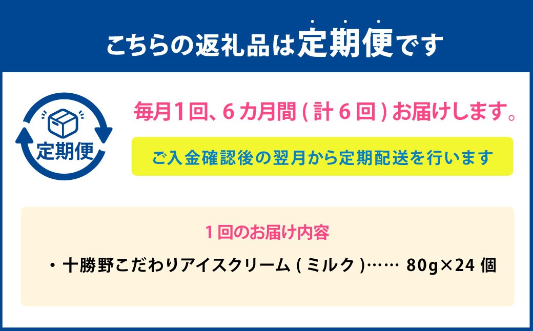 【6ヶ月定期便】 十勝野こだわりアイスクリーム（ミルク） 80g×24個 セット