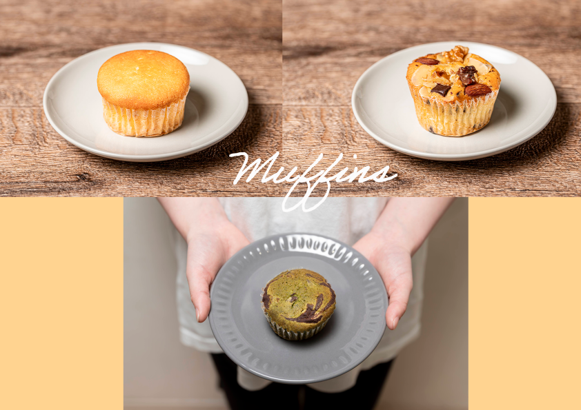 プレーンマフィン（左上）、チョコナッツマフィン（右上）、抹茶チョコレートマフィン（下）