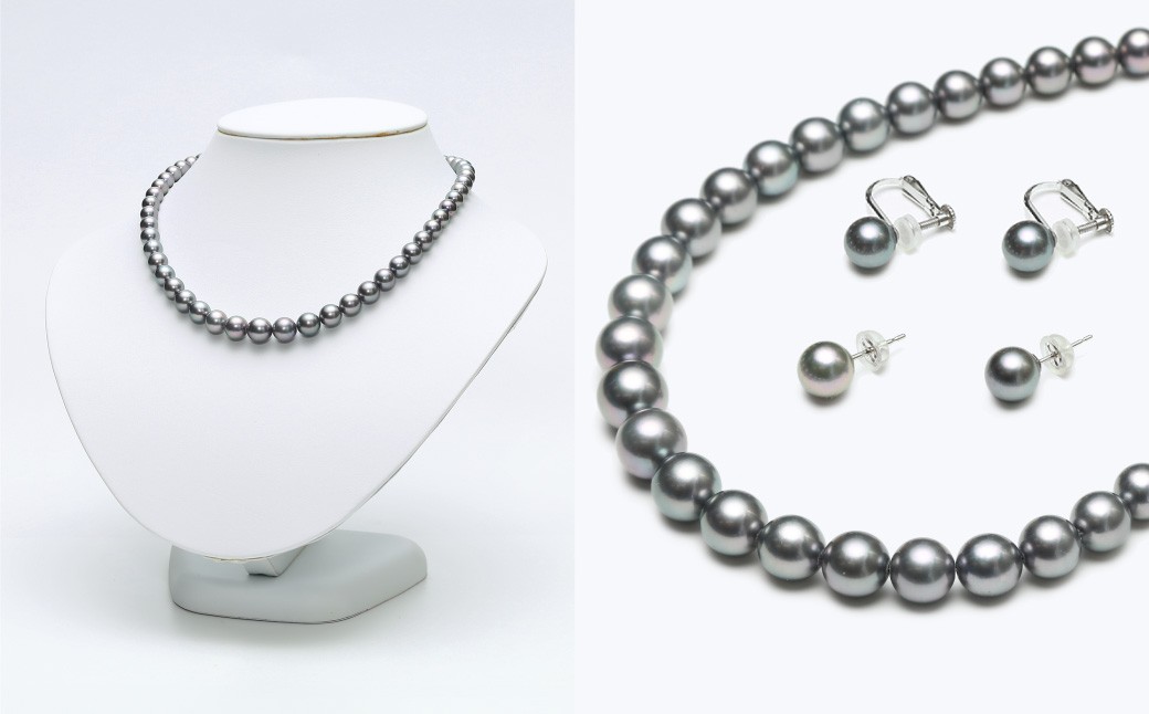 あこや真珠 (6.5-9.5mm、ブラック系) グラデーションネックレス & イヤリング or ピアス セット