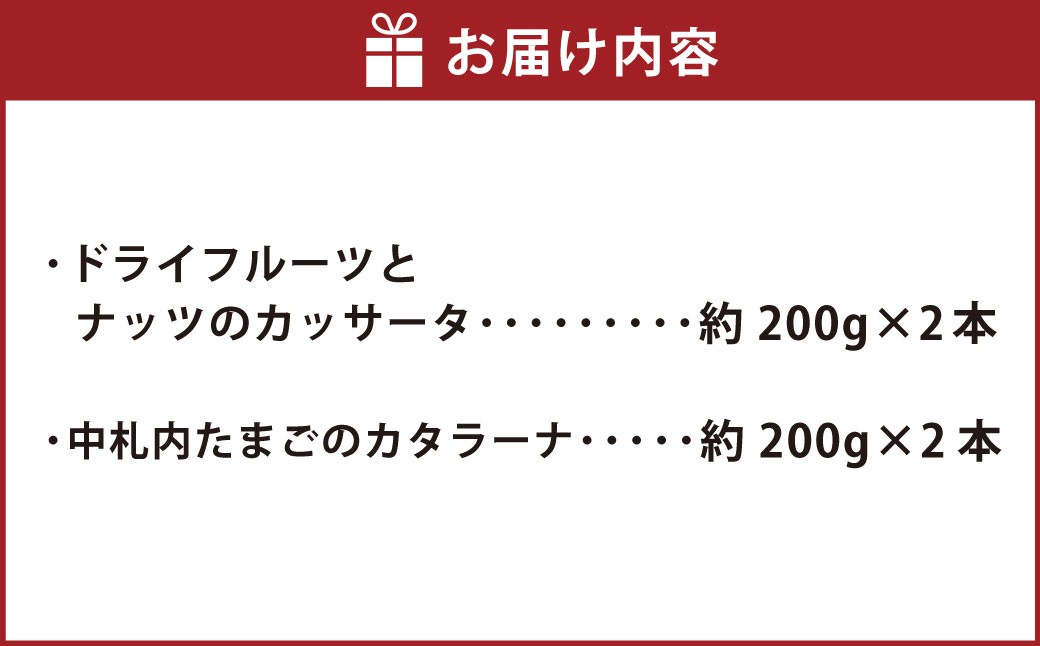 ドライフルーツとナッツのカッサータ(約200g×2本)・中札内たまごのカタラーナ(約200g×2本)