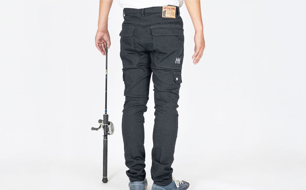 撥水ストレッチデニム釣り・アウトドアブラックカーゴパンツ　BW-403VMBB