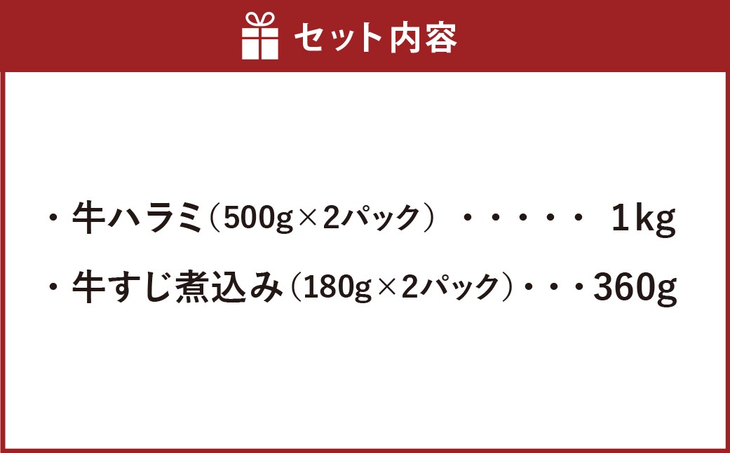 厚切り 牛ハラミステーキ 1kg (500g×2パック) + 牛すじ煮込み 360g (180g✕2パック)