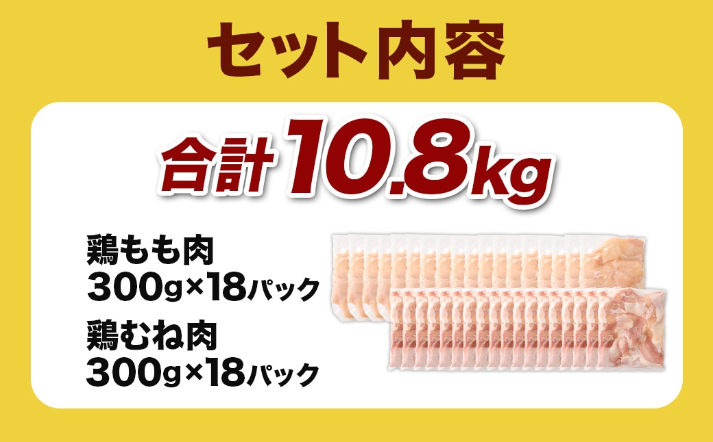 鶏もも・むねセット 各300g×18パック 計10.8kg