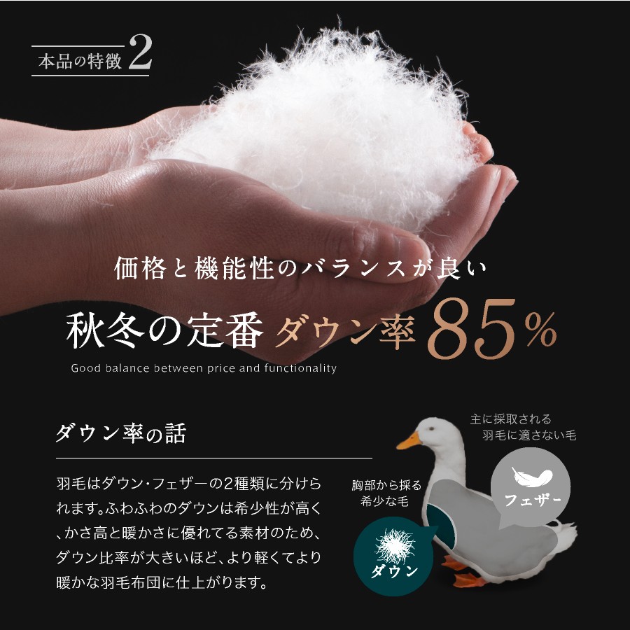 羽毛布団 セミダブルロング 秋冬用 170cm×210cm