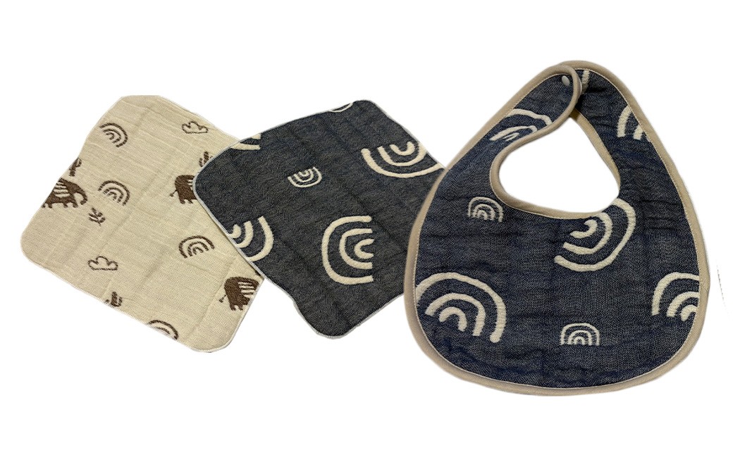 6重ガーゼ織スタイ ×1枚 (ネイビー)+ 6重ガーゼ織ハンカチ ×2枚 (ベージュ・ネイビー)