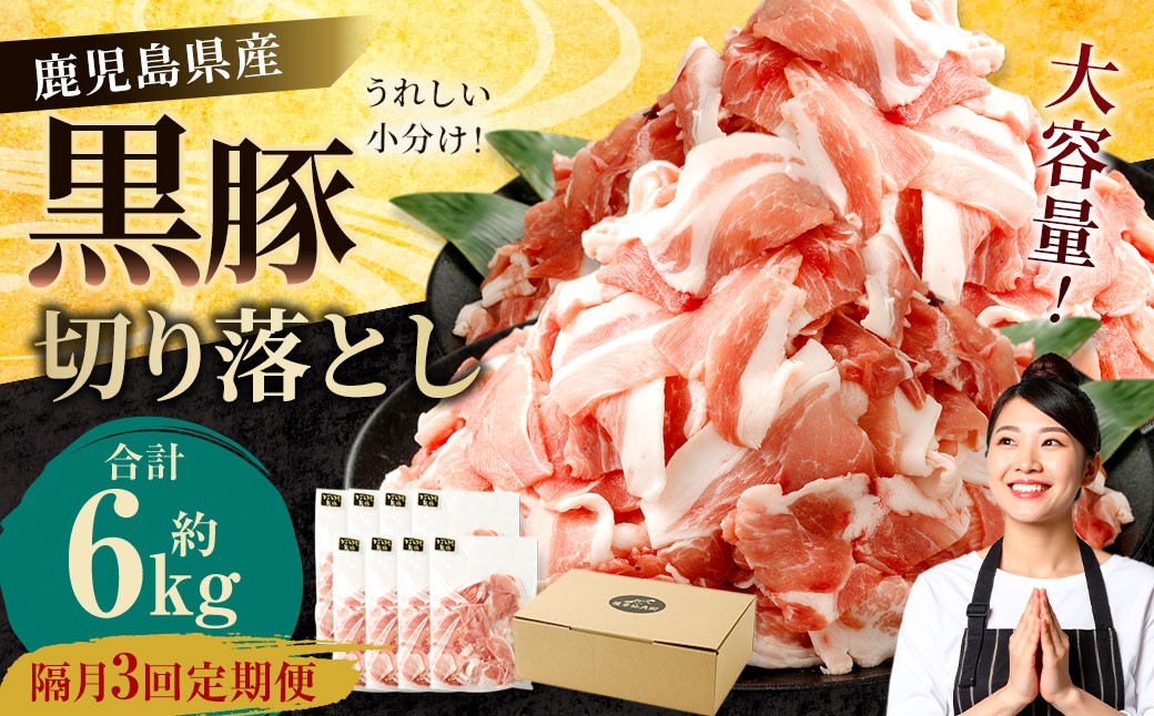 【隔月3回定期便】鹿児島県産黒豚 大容量小分けパック切り落とし 合計6kg(2kg×3回)