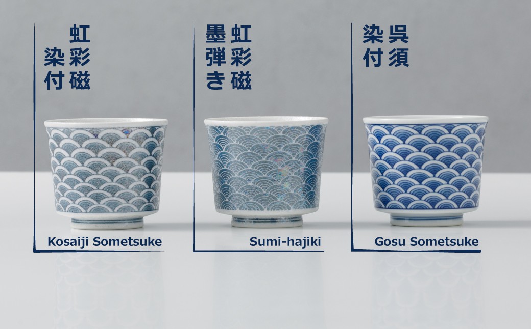 虹彩磁染付（こうさいじそめつけ）、虹彩磁墨弾き（こうさいじすみはじき）、呉須染付（ごすそめつけ）の3種からお選びください