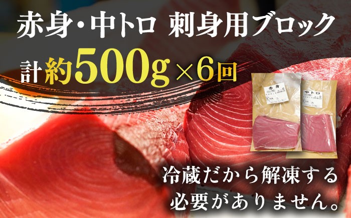 【全6回定期便】五島列島産 養殖 生本かみマグロ 赤身 中トロ 計約500g / まぐろ 鮪 刺身 ブロック