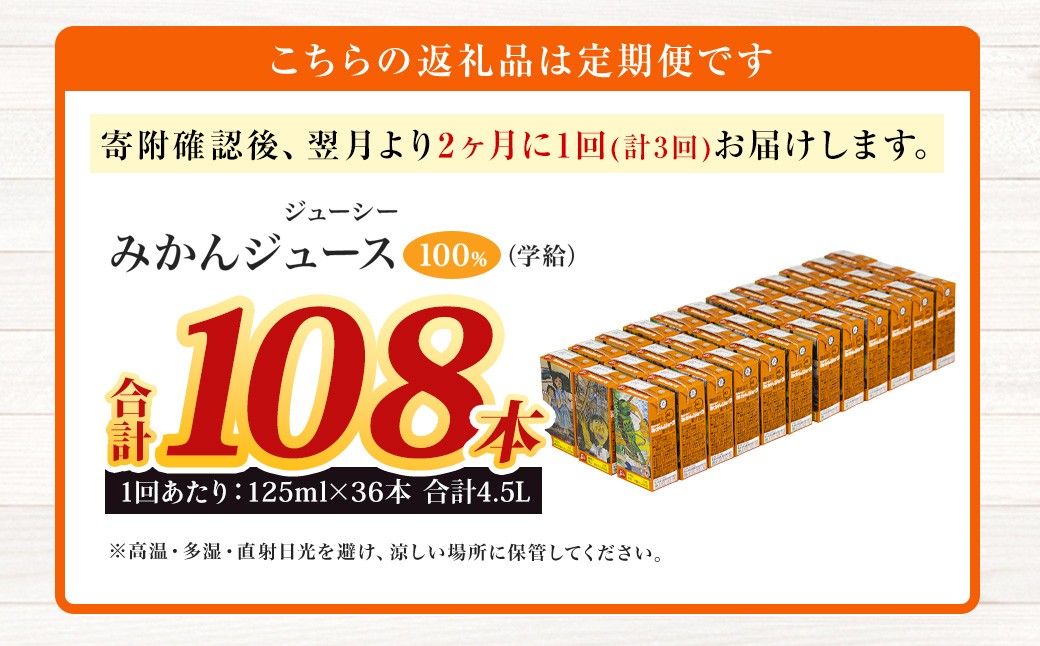 ジューシー みかんジュース100%(学給) 125ml×36本