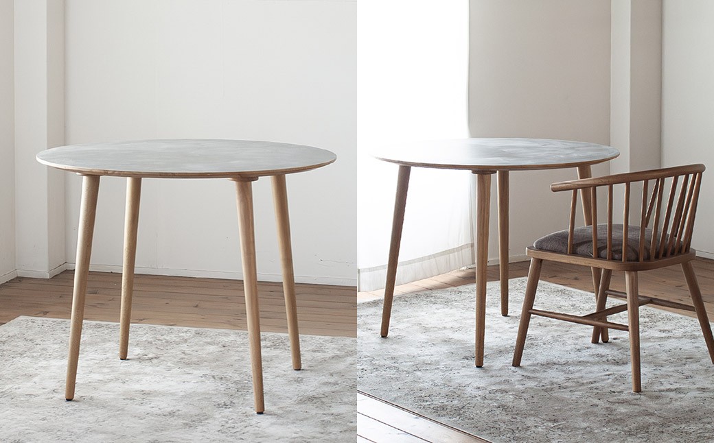 モルタル調メラミン材のラウンドダイニング （70cm） 木部オーク色