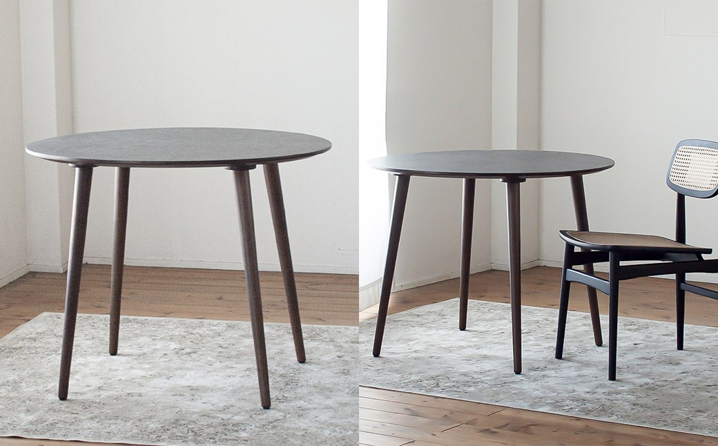 モルタル調メラミン材のラウンドダイニング （90cm） 木部ウォルナット色