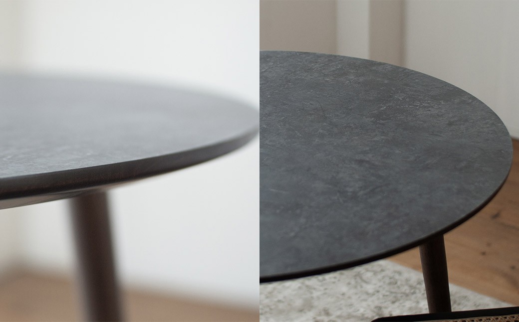 モルタル調メラミン材のラウンドダイニング （70cm） 木部ウォルナット色