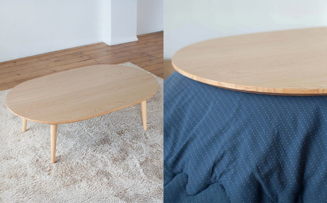 くりの楕円突板こたつ （幅120cm・フラットヒーター付・国産栗材突板・ウレタン塗装）