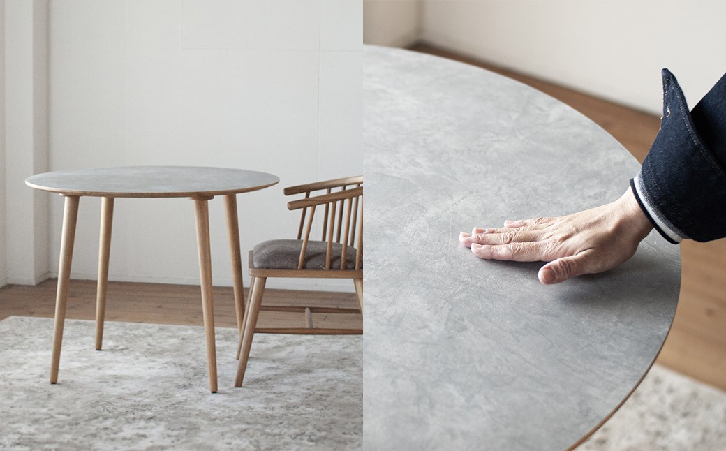 モルタル調メラミン材のラウンドダイニング （80cm） 木部オーク色