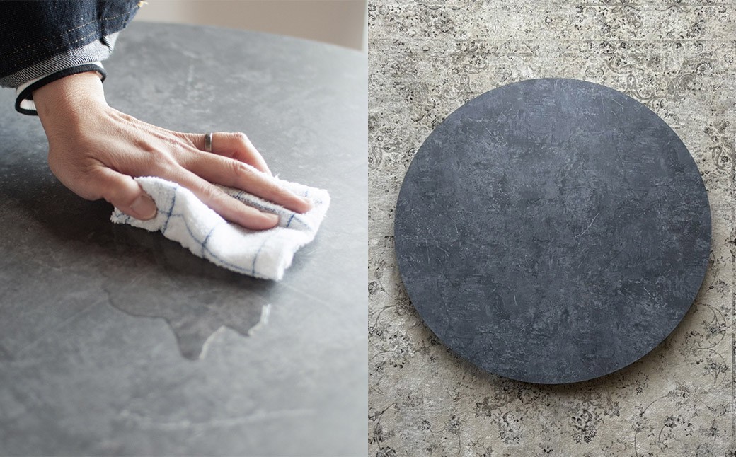 モルタル調メラミン材のラウンドダイニング （70cm） 木部ウォルナット色