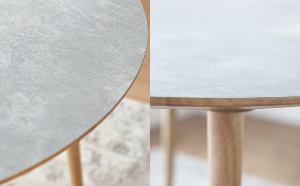 モルタル調メラミン材のラウンドダイニング （80cm） 木部オーク色