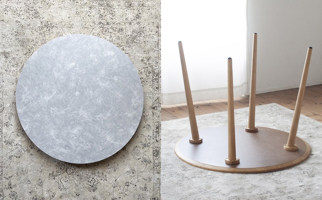 モルタル調メラミン材のラウンドダイニング （80cm） 木部オーク色