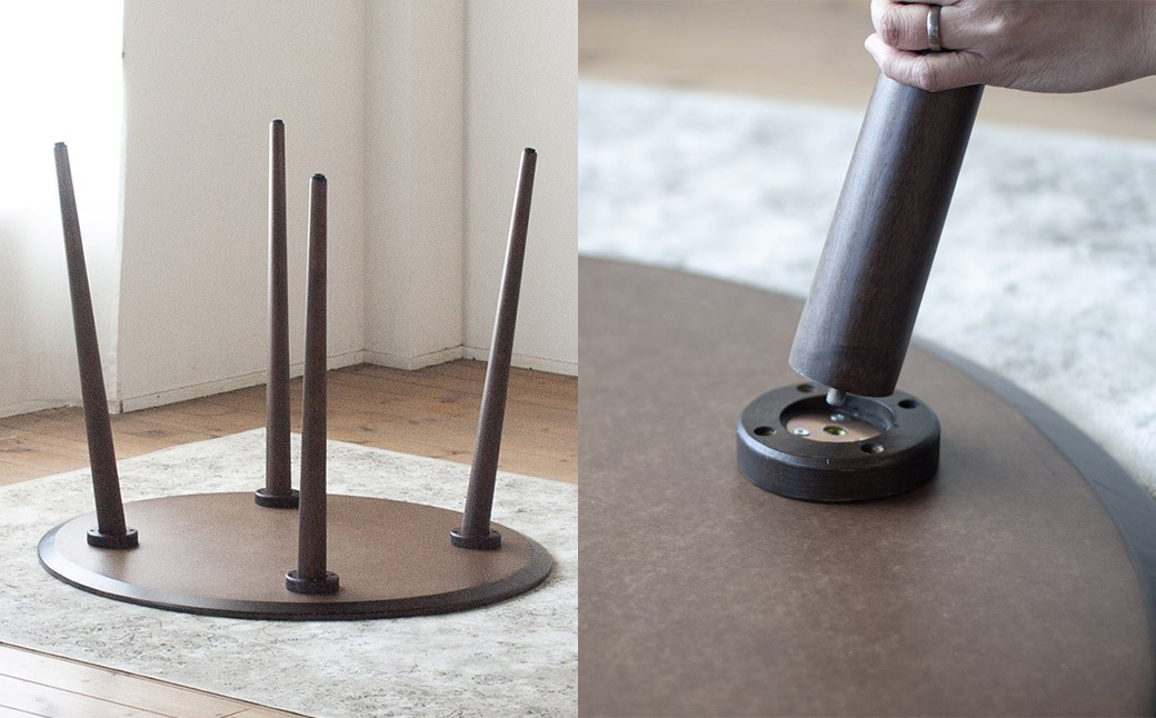 モルタル調メラミン材のラウンドダイニング （90cm） 木部ウォルナット色