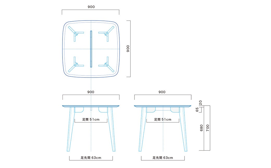 ウォルナット材のスクエアダイニング（90cm） 正方形 四角 90cm角 天然突板