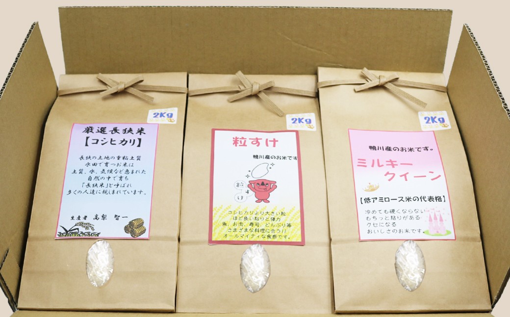 精米したお米を３品種３袋、各２kgでお届けします。米袋は、お米の水分を守る保湿袋を使用しています。