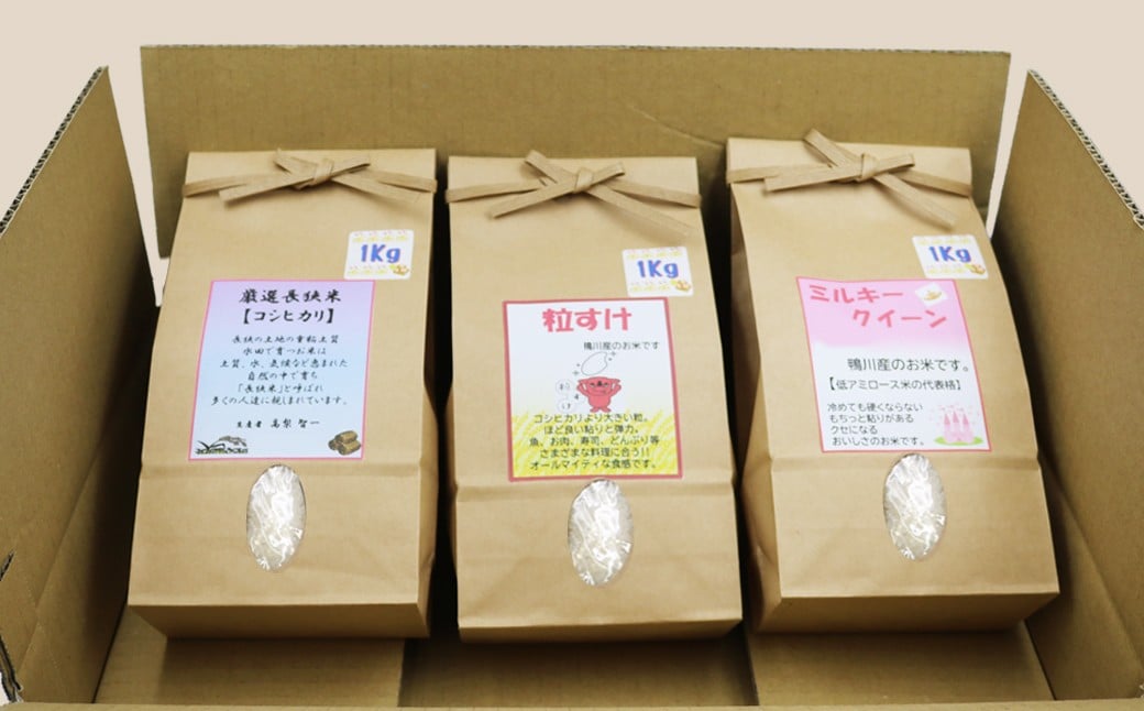 精米したお米を３品種３袋、各１kgでお届けします。米袋は、お米の水分を守る保湿袋を使用しています。