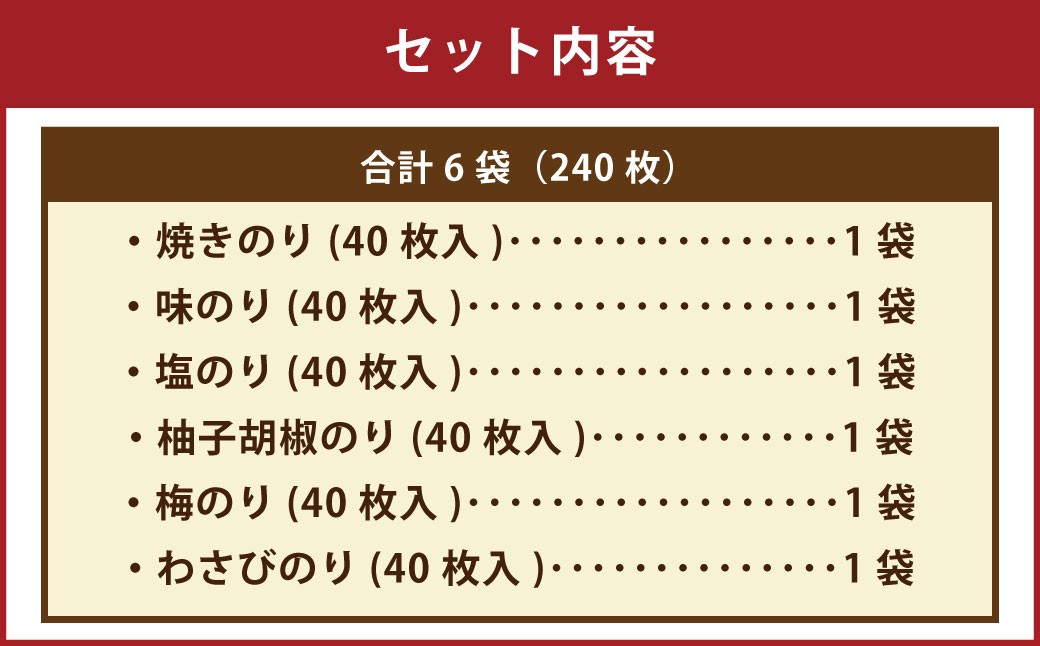 有明海熊本産極上とろける一番摘み焼きのり金袋シリーズ6種セット