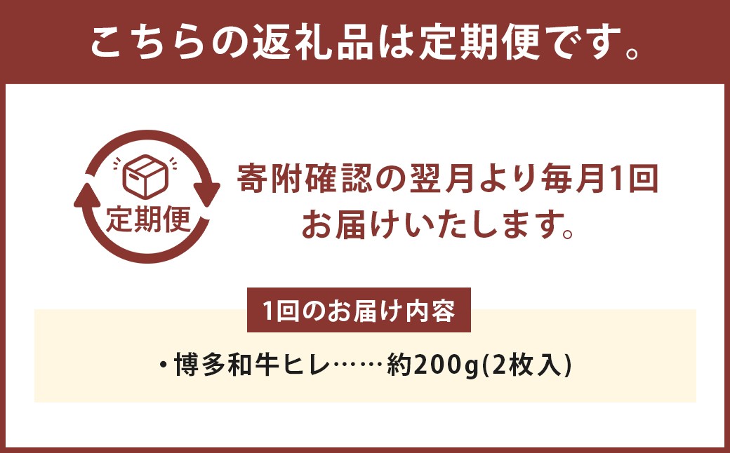 【3ヶ月定期便】 【1頭から3％の希少部位】 博多和牛ヒレ 約200g （2枚入）