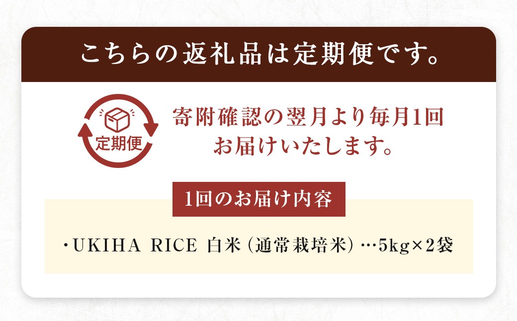 【3ヶ月定期便】 みずほファーム UKIHA RICE 白米5kg✕2袋✕3回 （通常栽培米）