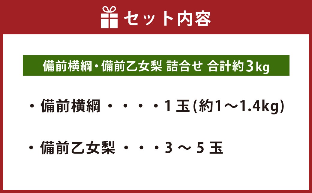 備前横綱 1玉（約1～1.4kg）・備前乙女梨 3～5玉 詰め合わせ 合計約3kg