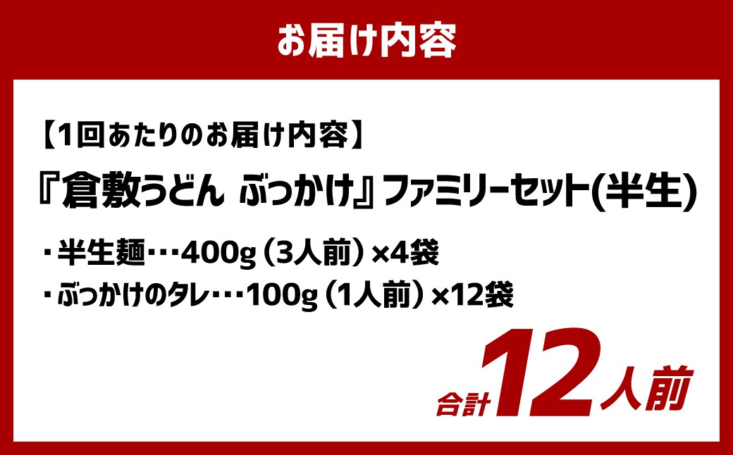 【3ヶ月定期便】『倉敷うどん ぶっかけ』ファミリーセット(半生) 12人前×3回