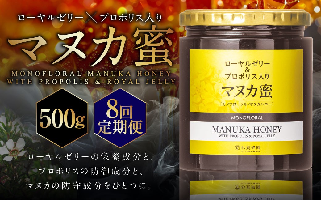 【8回定期便】ローヤルゼリー＆プロポリス入り マヌカ蜜 500g