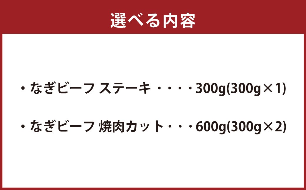 なぎビーフ：ステーキ300g（300g×1） & 焼肉カット600g（300g×2） 計900g