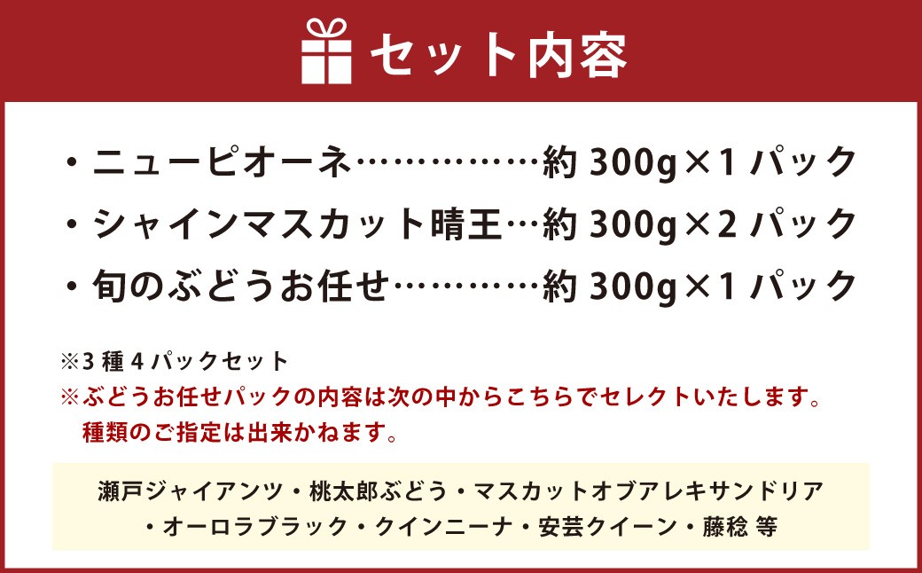 岡山県産 ぶどうパック詰合せ ※3種4パックセット （ ニューピオーネ ・ シャインマスカット ・ 旬のぶどう ）