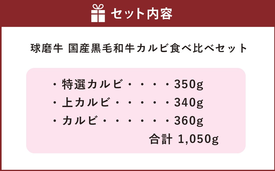 球磨牛 国産 黒毛和牛カルビ（計1,050g）食べ比べセット