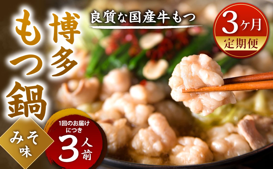 【3カ月定期便】 博多もつ鍋 （味噌味） 3人前×3回 計9人前