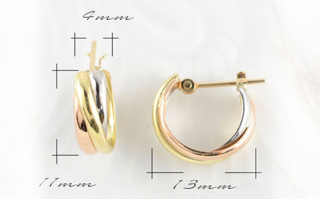 ピアス スリーカラー K18 K18PG PT900 トリニティ フープピアス no.3c-0005