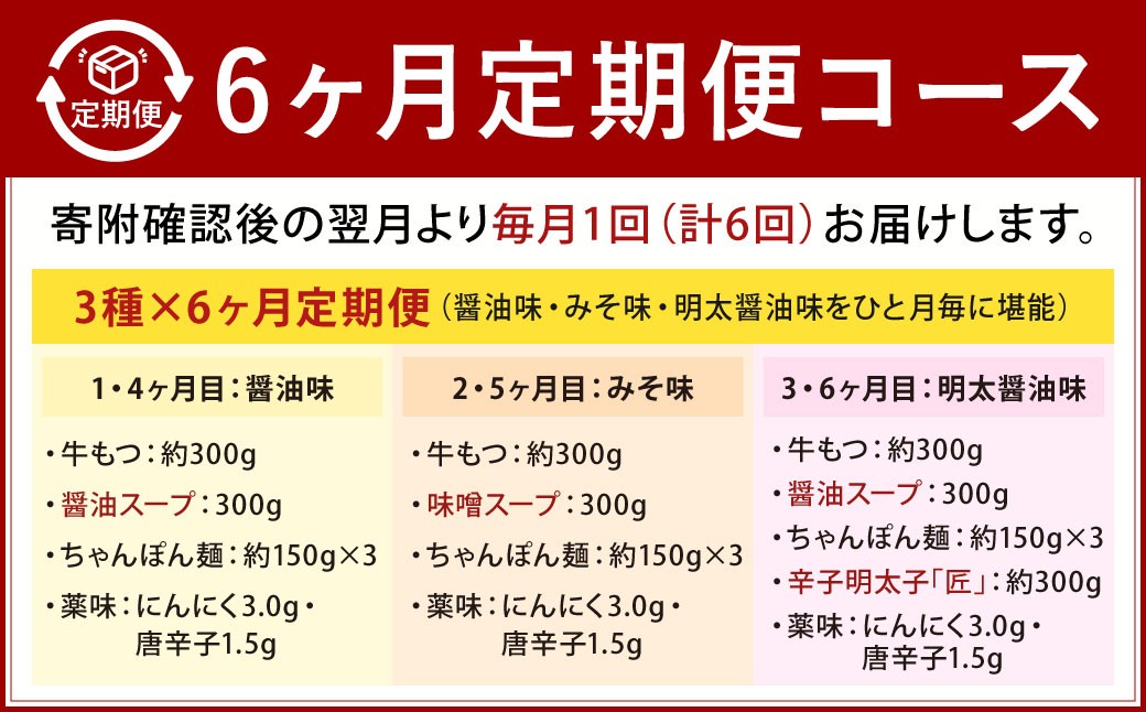【6カ月定期便】 人気の博多もつ鍋 3人前 醤油味・味噌味・明太醤油味を順にお届け！