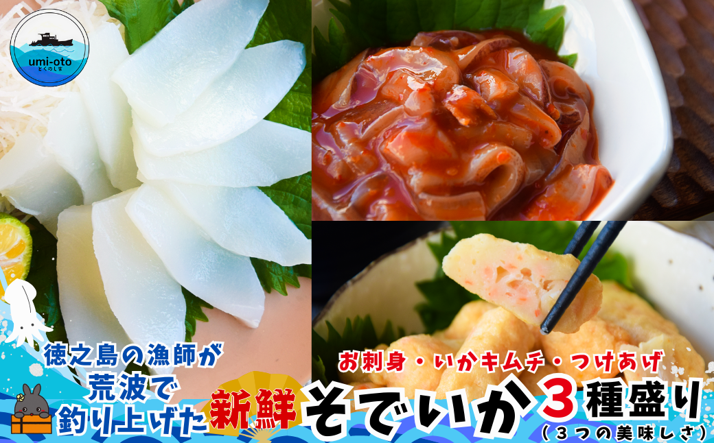 徳之島の漁師が荒波で釣り上げた新鮮な「そでいか」3種盛り（（お刺身・いかキムチ・つけあげ））を全国にお届けします！