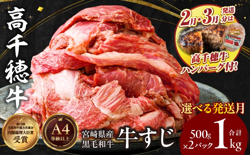 宮崎県産黒毛和牛A4等級以上 高千穂牛すじ 500g×2パック A145