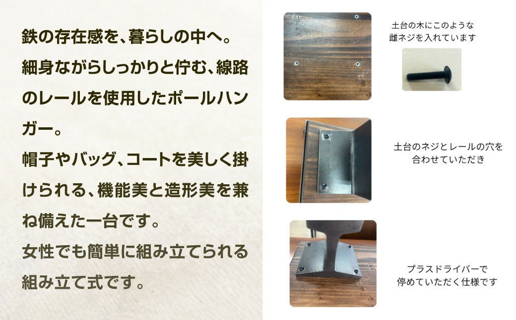 魅せて、掛ける。 レール使用ポールハンガー 1 艶消しクリア（鉄の色）×ウォルナット