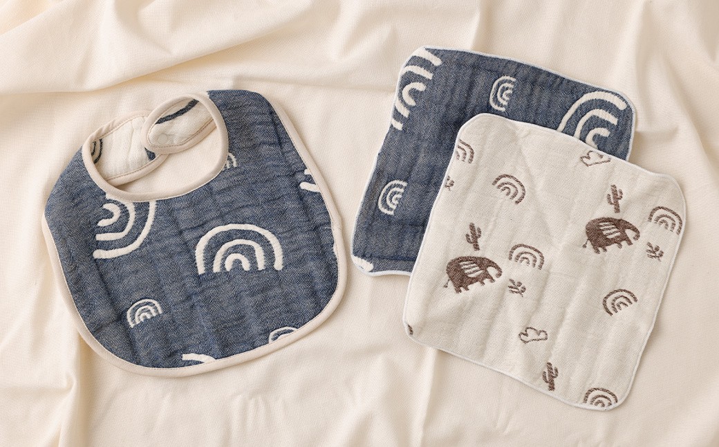 6重ガーゼ織スタイ ×1枚 （ネイビー）＋ 6重ガーゼ織ハンカチ ×2枚 （ベージュ・ネイビー）